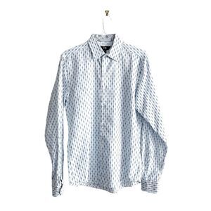 XMI Mens Collared Shirt Long Sleeve Cotton Geometric Pattern Blue White Medium